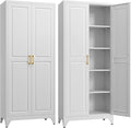 Kitchen Pantry Cabinet,75”White Metal Storage Cabinets with Doors and 4 Adjustable Shelves,Kitchen Cabinet with 2 Gold Handles,Tall Cabinet for Livingroom,Pantry, Bathroom