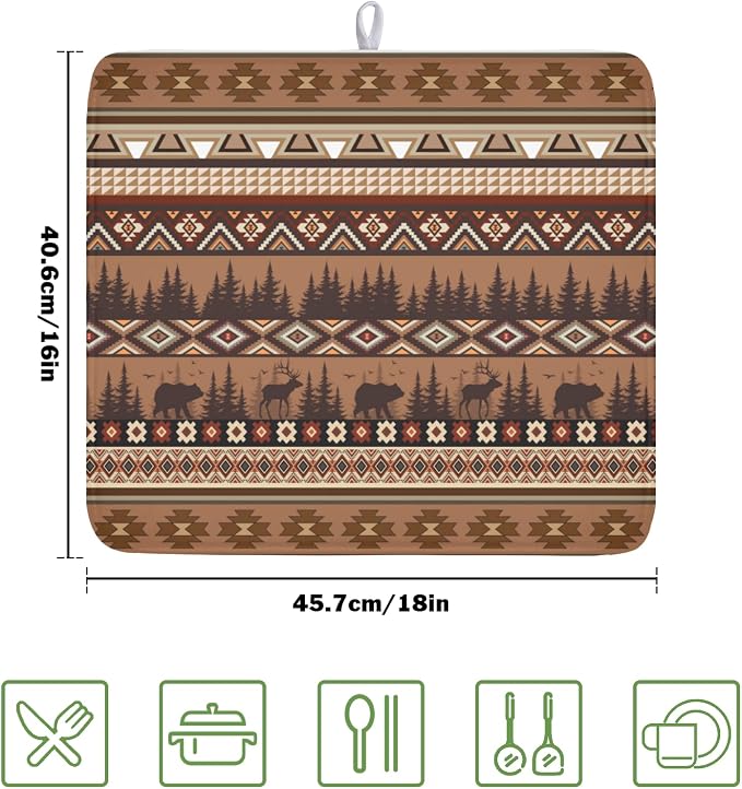 Giwawa Rustic Bear Deer Dish Drying Mat Boho Ethnic Drainer Rack Pad 16x18 Inch - Image 2