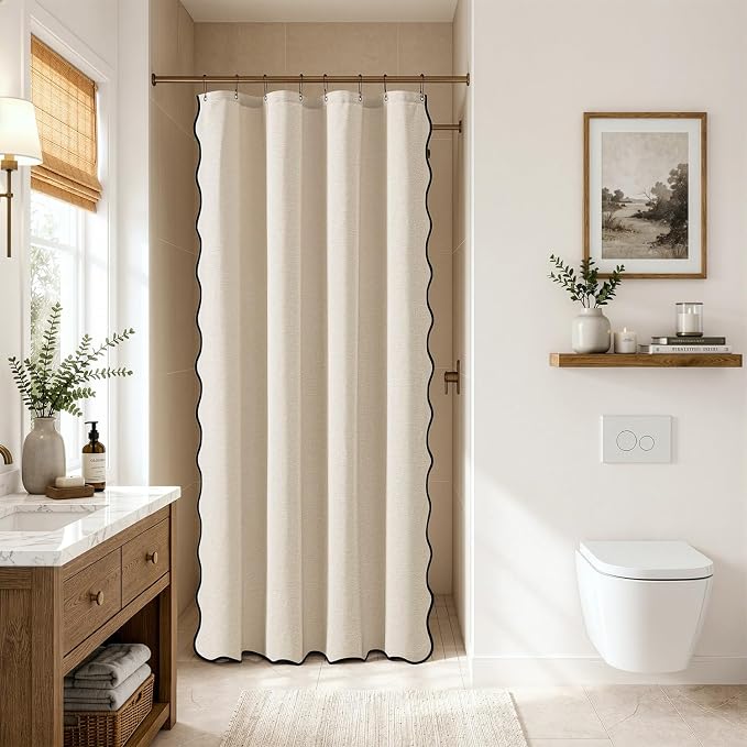 MIULEE Cream Scalloped Linen Shower Curtain 48x72 Inches - Image 3