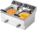 ROVSUN 24.9QT Electric Deep Fryer with Baskets, Timer Drains & Lids, 3400W Commercial Deep Fryer, Dual Tank Kitchen Countertop Frying Machine, Adjustable Temperature for Home Restaurant