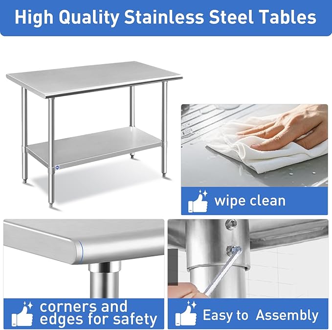 ROCKPOINT Stainless Steel Table for Prep & Work 30x72 Inches, NSF Metal Commercial Kitchen Heavy Duty Table with Adjustable Under Shelf and Table Foot for Restaurant, Home and Hotel, Silver