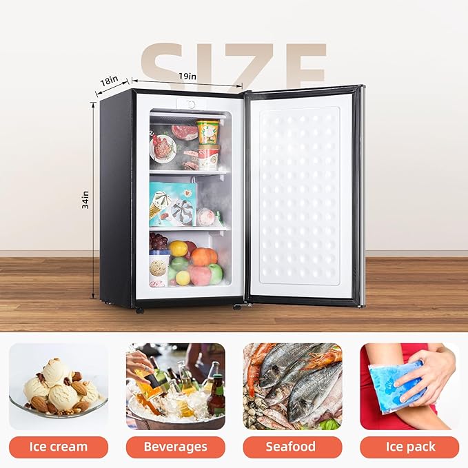 Upright Freezer with Reversible Single Door, 3.5 Cubic Feet Stainless Steel Compact Freezer, Silver Adjustable Thermostat Removable Shelves Mini Freezer, Applicable to Home, Kitchen, Office
