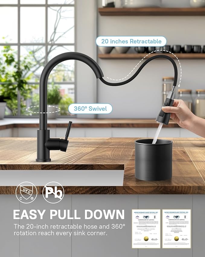 WEWE Kitchen Faucet with Pull Down Sprayer and Soap Dispenser, Stainless Steel Kitchen Sink Faucets, 3-Mode High Arc Single Handle Faucet for RV Farmhouse, Matte Black