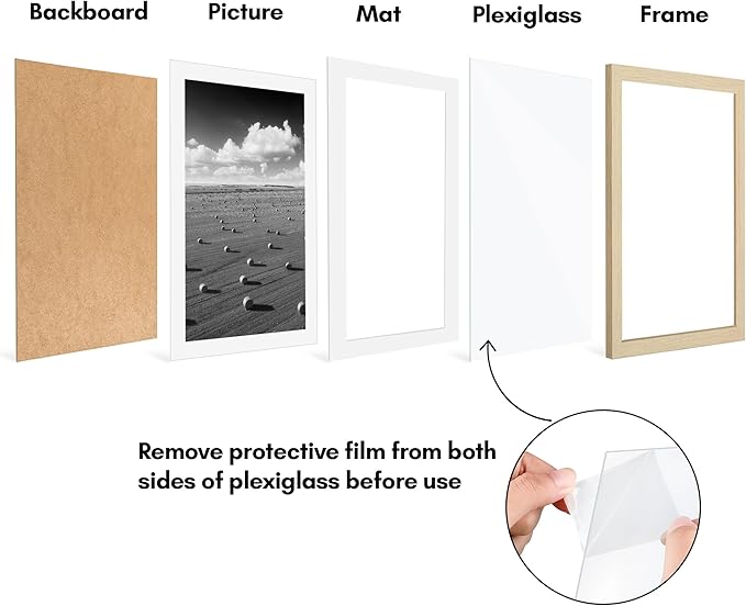 Americanflat 11x17 Picture Frame with Polished Plexiglass - Set of 5 - Use as 9x15 Frame with Mat or Display 11x17 Photo Without Mat - Galleria Collection - Picture Frames for Wall - Natural Oak