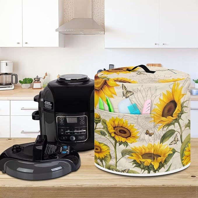 Air Fryer Cover, 8 Quart Appliance Covers for Kitchen Counter Pressure Cooker Air Fryer Rice Cooker Dust Cover with Storage Pockets, Sunflower Beige