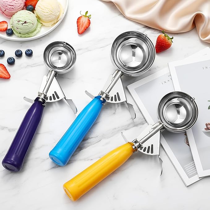 3 Pcs Release Cookie Scoops Ice Cream Scooper with Trigger Release Portion Scoop Stainless Steel for Portion Control, Baking Food, Cookie Dough (1 Oz+2 Oz+2.65 oz,Purple,Yellow,Blue)