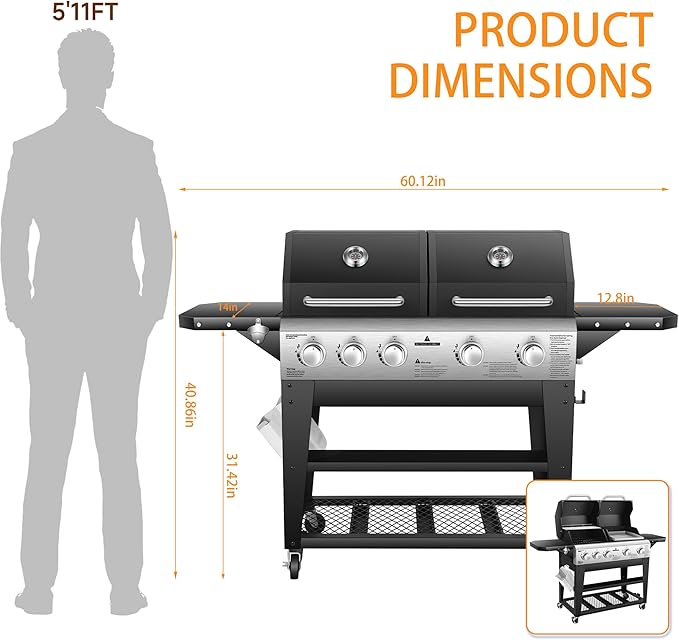 2 in 1 Gas Grill and Flat Top Griddle Combo 54,000 BTU Dual Cooking System, 5-Burner Grill Stove Stainless Steel Panel, Porcelain-Enameled Grate & Heavy-Duty Griddle for Outdoor Cooking