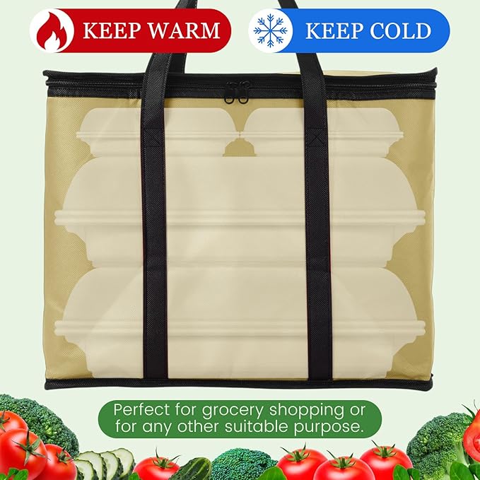 Kenning 15 Pcs Large Insulated Reusable Grocery Bags with Sturdy Zipper and Handles Foldable Washable Cooler Totes Heavy Duty Hot or Cold Food Delivery Bag for Food Transport Travel Lunch (Khaki)