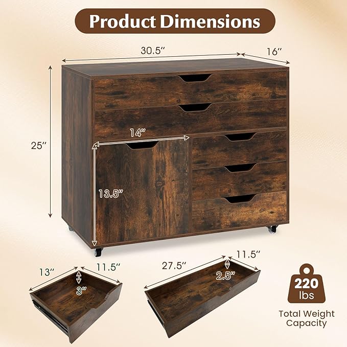 File Cabinet, Rustic Filing Cabinet w/Universal Wheels, Wood Printer Stand w/Storage, Rolling File Cabinets for Home Office, Living Dining Room (Rustic Brown, 2 Large Drawers & 3 Small Drawers)
