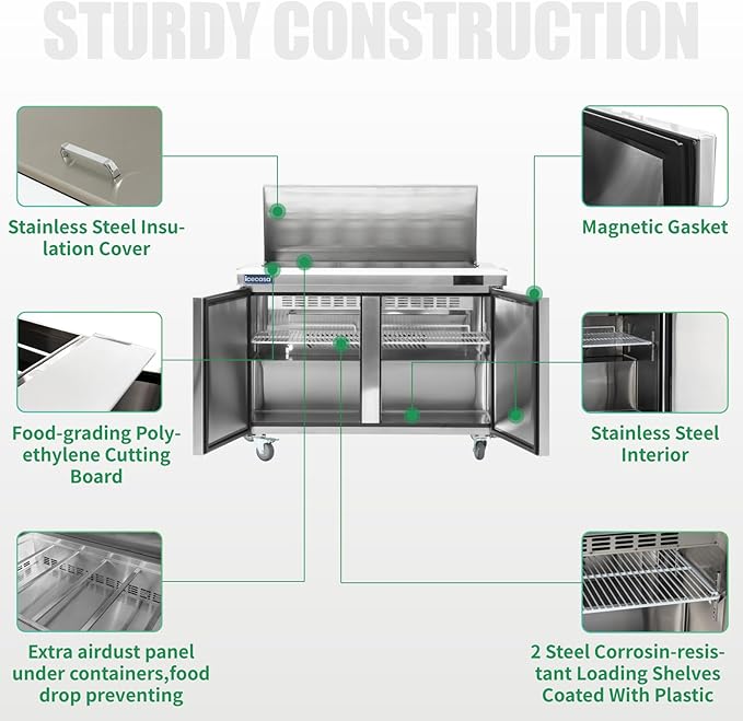 ICECASA 48" W Commercial Refrigerator Sandwich&Salad Prep Table Mega Top single Door Stainless Steel Counter Fan Cooling Refrigerator with 18 pans-48 Inches for Restaurant, Bar, Shop, etc