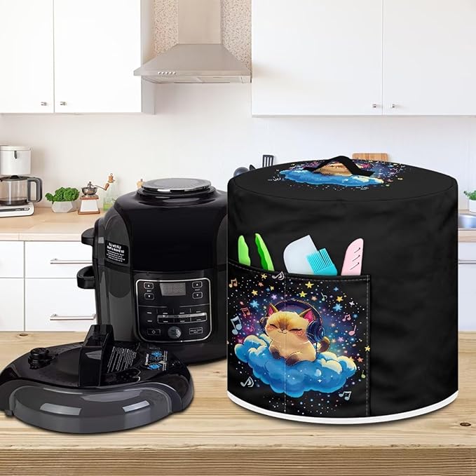 Xoenoiee Cat Starry Cloud Music Notes Pattern Pressure Cooker Cover for 6qt Kitchen Appliance Dust Cover with Pockets for Rice Cooker Air Fryer Slow Cooker