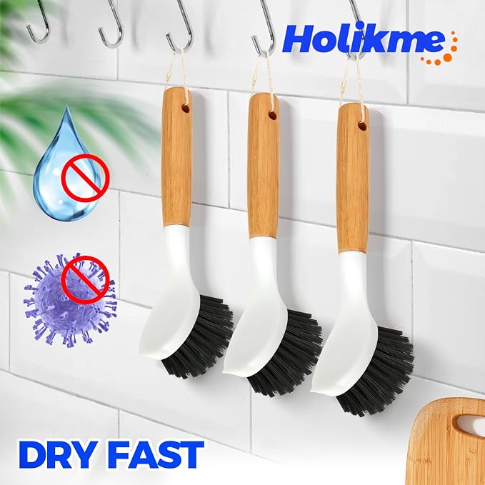 Holikme 3 Pack Dish Brush with Bamboo Handle Cleaning Brush, Pans and Vegetables - Image 5