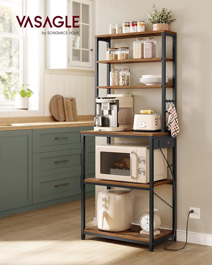 VASAGLE Bakers Rack with Power Outlet, 23.6 Inches Coffee Bar for Kitchen with Storage, 6-Tier Kitchen Shelves with 6 Hooks, Microwave Stand, Industrial, Rustic Brown and Ink Black UKKS124K03