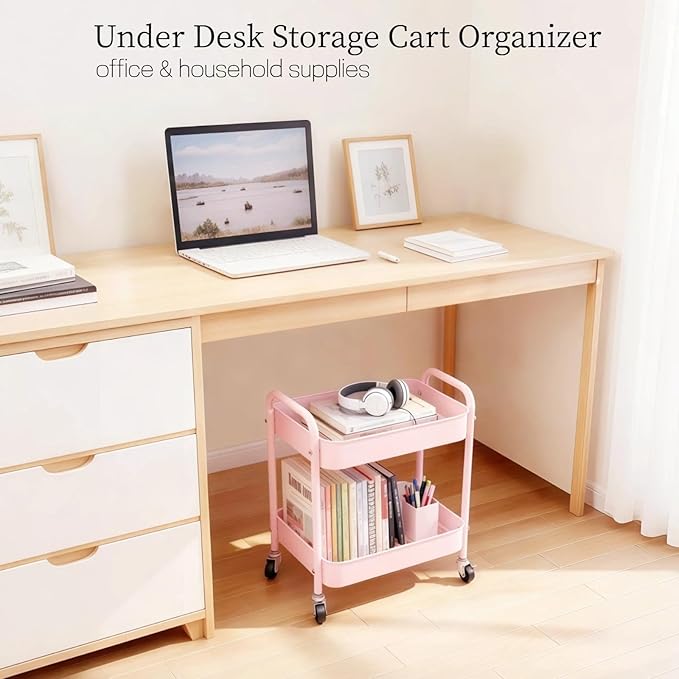 Pink 2 Tier Rolling Cart Metal with Wheels Under Desk Storage Cart for Small Space Organization, Small Trolley for Pantry Room Laundry Bathroom Kitchen Office Art Snack Baby Supplies