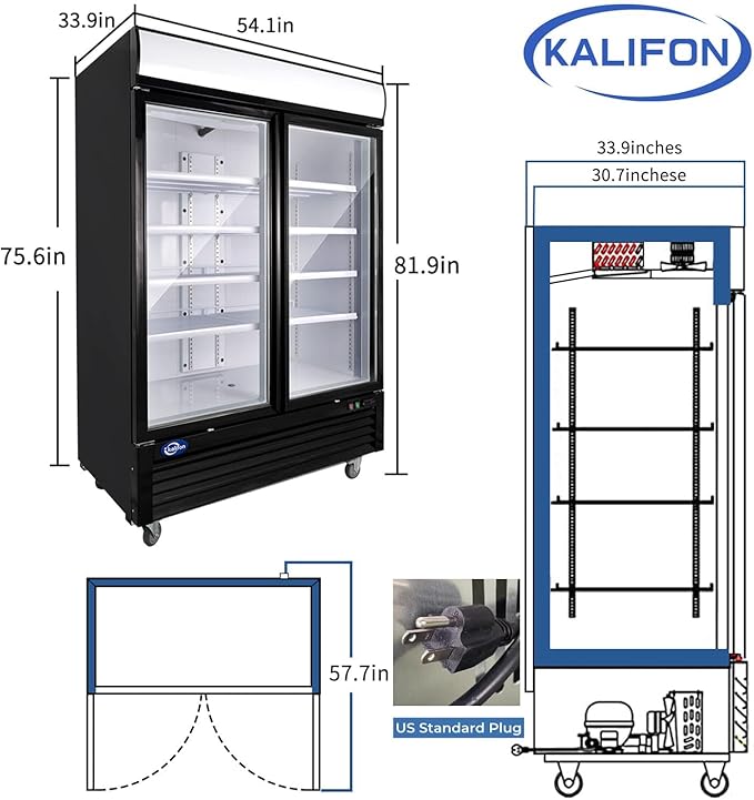 Display Beverage Refrigerator, 49 Cu.Ft Commercial Drink Fridge with Glass Door & 8 Adjustable Shelves, Commercial Refrigerator with LED Light for Restaurant, Supermarket, Gym, Black