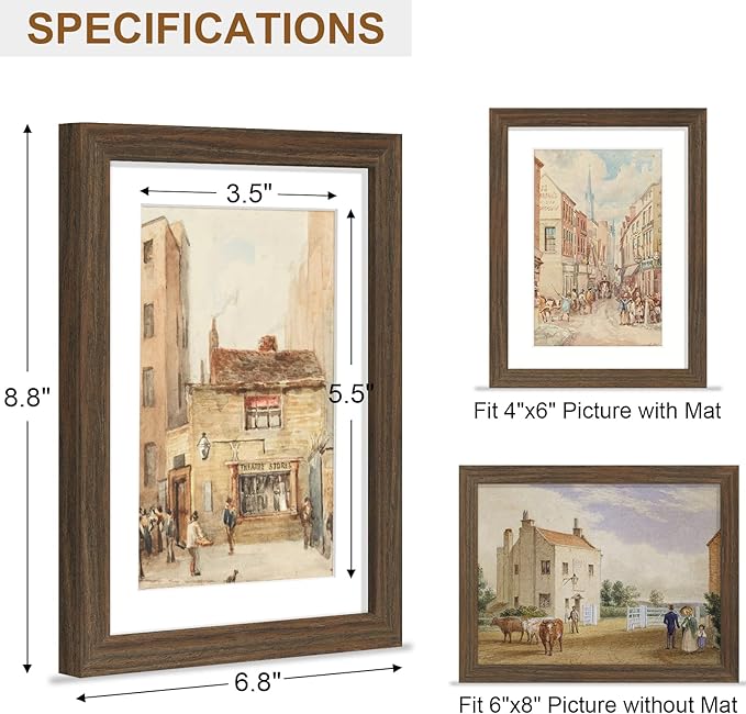 Vittanly 6x8 Picture Frame, Solid Wood Frame with Plexiglass, Includes 4x6 Mat, Wall Hanging or Tabletop for Photos, Home Decor, Brown, 1 Pack