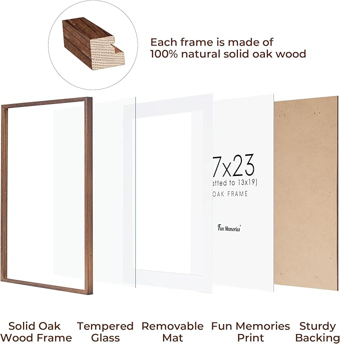 Fun Memories 17x23 Picture Frame, Solid Oak Wood Poster Frame, Photo Frame for Wall 17x23 Matted to 13x19, Tempered Real Glass, Photo Frame for Vertical or Horizontal Hanging, (Walnut Color, 1 Pack)