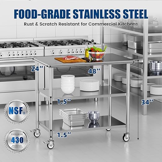 Stainless Steel Work Table with Wheels, 24x48 Inch NSF Kitchen Prep Table with 2 Adjustable Undershelves for Commercial Restaurant, Garage, Outdoor BBQ