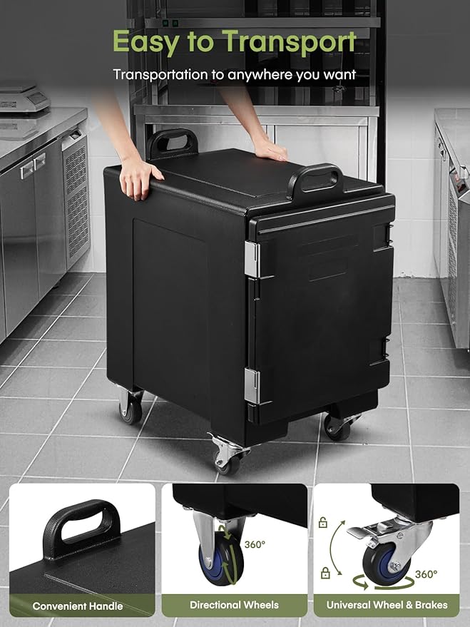 Catering Food Warmer, 82Qt Front Loading Hot Box for Catering, LLDPE Insulated Food Pan Carrier for 5 Full-Size Pan, w/Wheels, Stackable, Handles, Hot Box Food Warmer for Camping, Restaurant