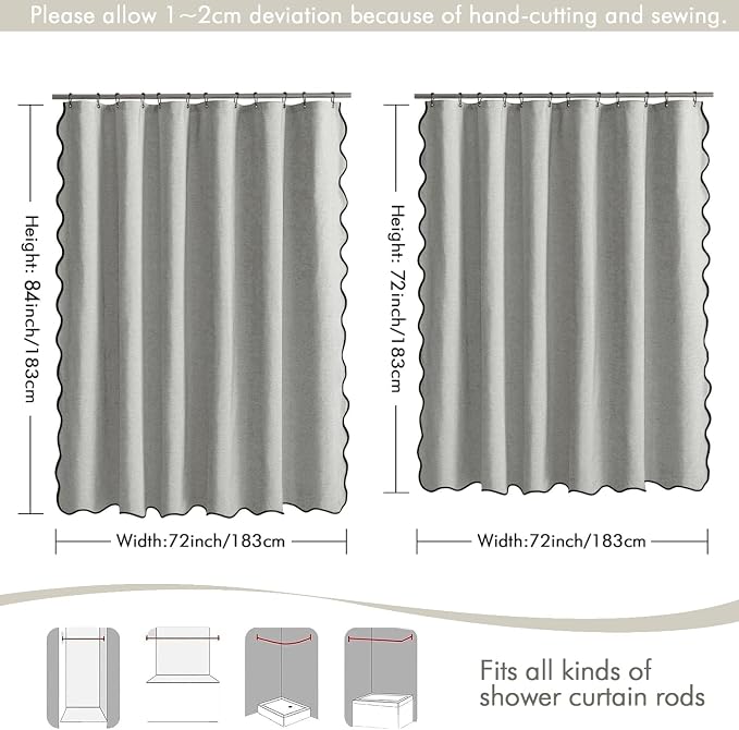 MIULEE 72"x84" Extra Long Scalloped Linen Shower Curtain Light Grey - Image 6