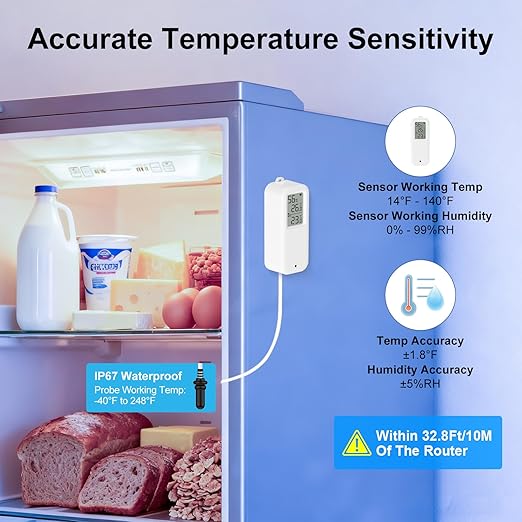 eMylo WiFi Refrigerator Thermometer Hygrometer Sensor, Wireless Freezer Temperature Humidity Monitor with App Alert, Free Data Storage Export, Dual Detection for Home Kitchen Fridge Aquarium Tub