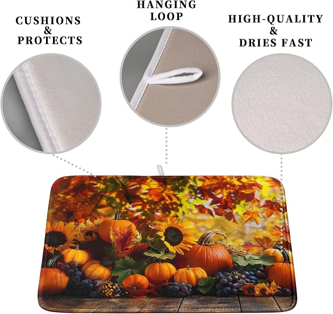 Fall Dish Drying Mat Autumn Harvest Pumpkin Maple Leaf Sunflower Drying Mats - Image 3