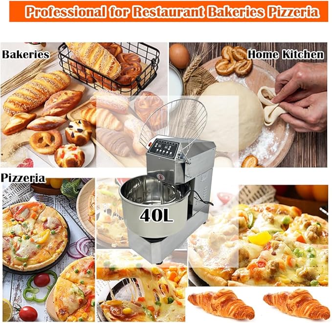 40L Stand Dough Mixer, Double-acting Double-speed Dough Machine with Variable Frequency for Commercial, Stand Spiral Food Mixer for Mixing Pizza Bread Dough in Restaurants Bakeries