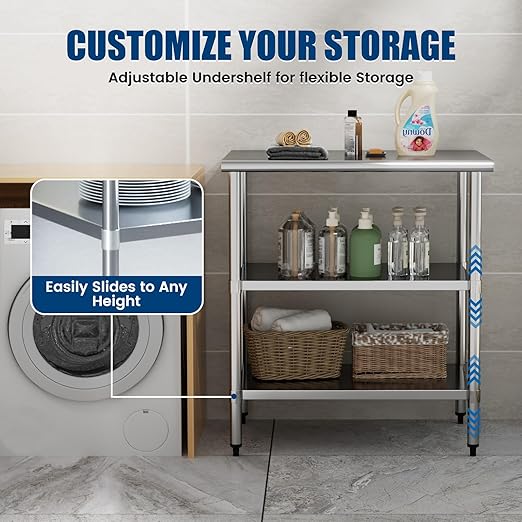 Stainless Steel Work Table 24 x 36 Inch with 2 Adjustable Undershelves, Heavy-Duty Metal Prep Table for Commercial Kitchen & Restaurant, Garage, Outdoor
