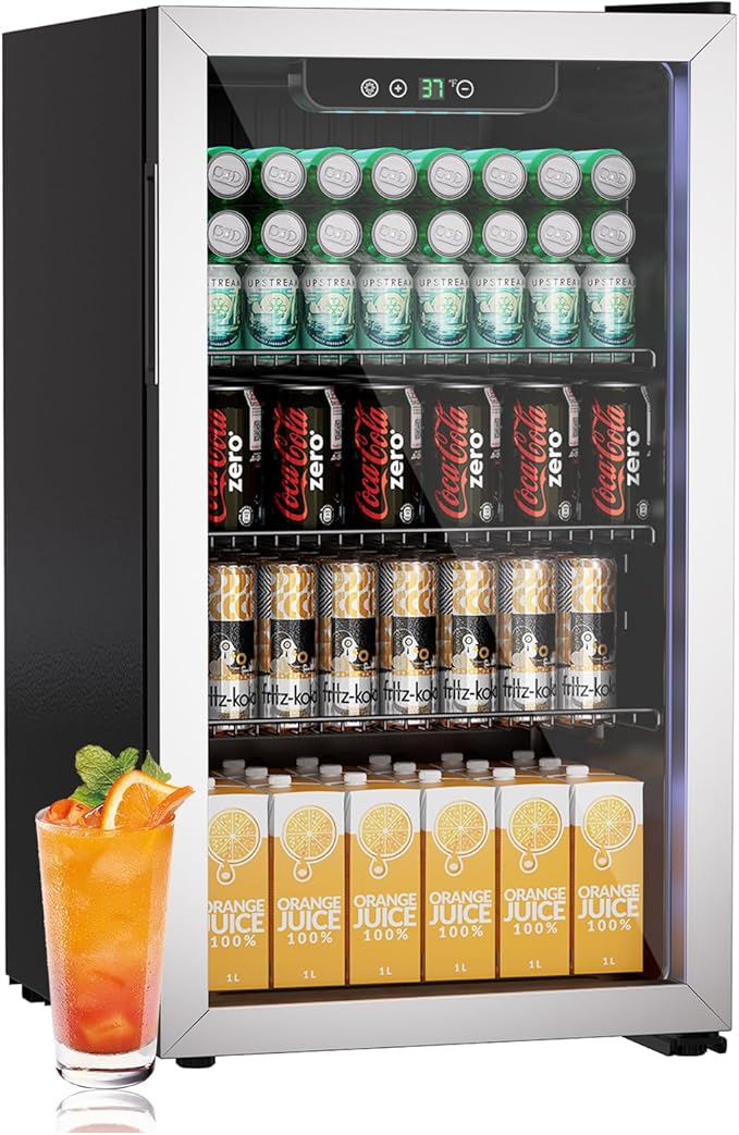 3.1 Cubic Feet Mini Fridge,110 Can Freestanding Beverage Refrigerator with Glass Front Door for Soda, Beer Under Counter Small Refrigerator with Adjustable Shelves and Digital Display(Silver)