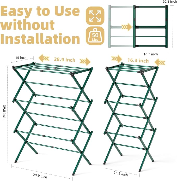 BAKON Foldable Space Saving Clothes Drying Rack, Extendable Rustproof Laundry - Image 2