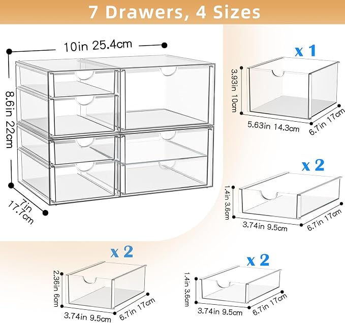 Stackable Storage Drawers, Acrylic Organizers, 7 Drawers | Makeup Organizer - Image 3