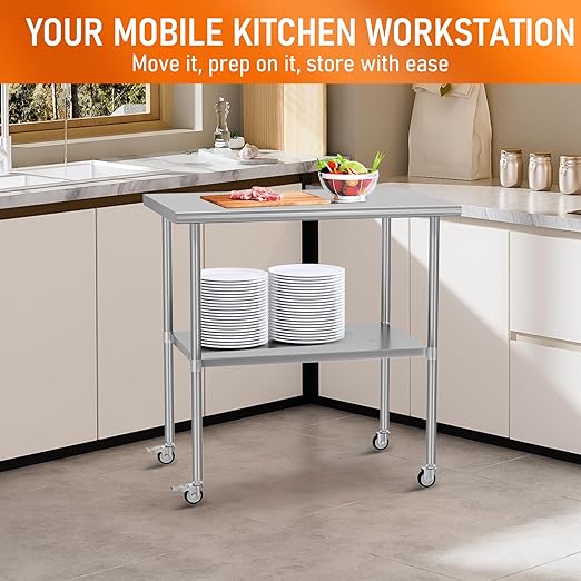 Stainless Steel Table with Wheels 24" x 36" Utility Worktable with Adjustable Undershelf for Commercial Kitchen, Garage, Restaurant