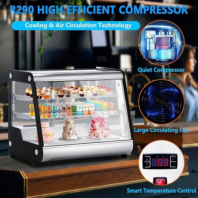 5.3 Cu.Ft Beverage Countertop Pastry Refrigerator, 3 Shelves Commercial Display Refrigerator Display Case w/LED Air-Cooling Automatic Defrost Rear Sliding Door for Cafe Restaurant, Black