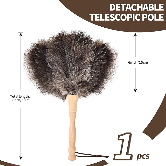 Ostrich Feather Duster 12 Inch Handheld Duster Supplies, Wooden Handle Feather - Image 2