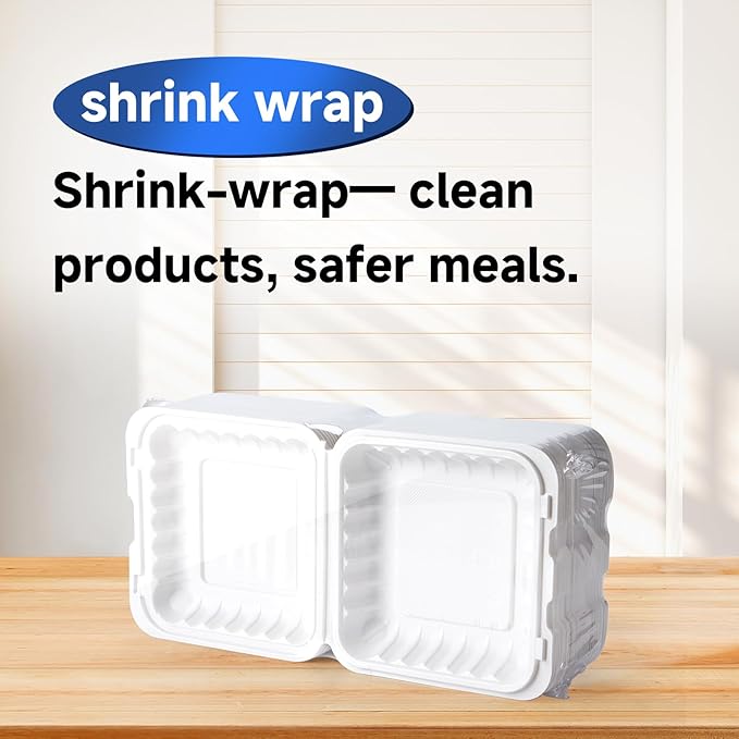 To Go Containers 8" 34 oz 55 Pack - Shrink Wrap BPA Free Mineral Filled PP | Reusable Dishwasher & Microwave Safe | Reusable Stackable Clamshell Takeout Picnic | White Catering Food Container