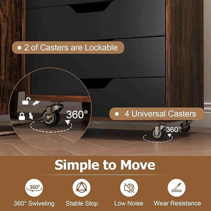 7 Drawer File Cabinet, Mobile Filing Cabinet w/Universal Wheels, Wood Printer Stand with Storage, Rolling File Cabinets for Home Office, Living Room, Bedroom (Rustic Brown, 7 Drawers)