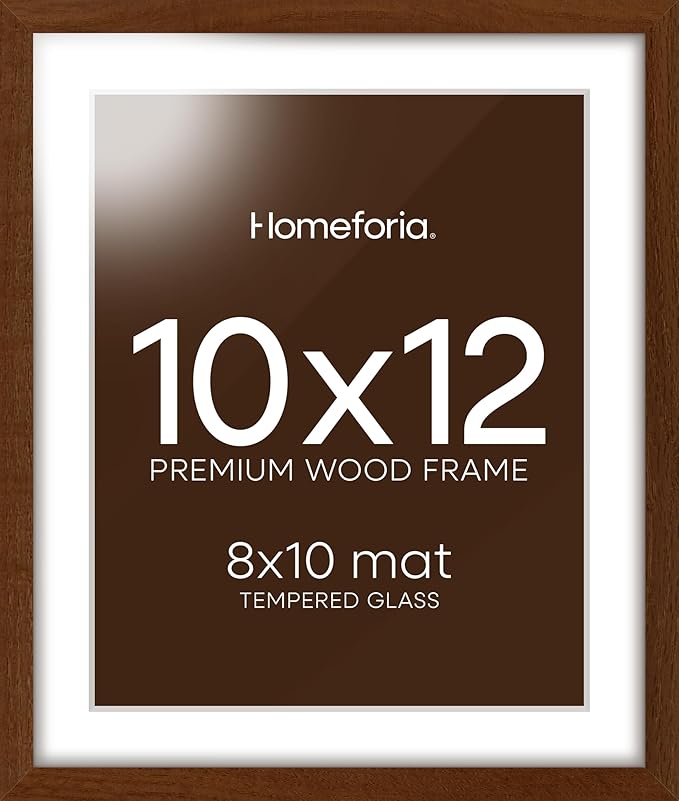 Homeforia 10x12 Brown Picture Frame, High End Dark Oak 10x12 Walnut Poster Frame with Mat 8x10, 10 x 12 Wooden Frame Matted to 8 by 10 inch Photo, 12x10 Thin Frames, Tempered Glass, Wall Kit, Set of 1