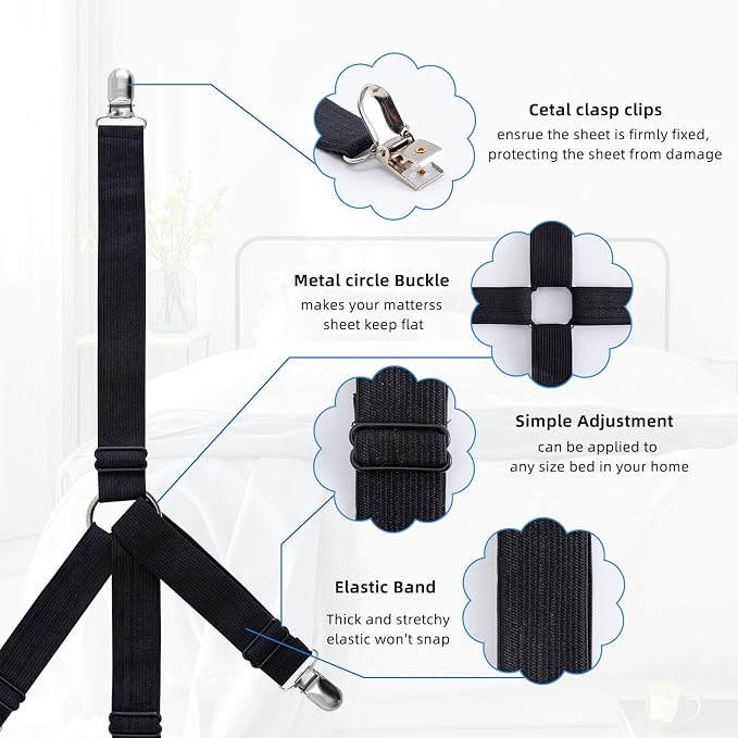 4PCS Adjustable Bed Sheet Straps Clips, Elastic Mattress Sheet Fasteners Holder - Image 4