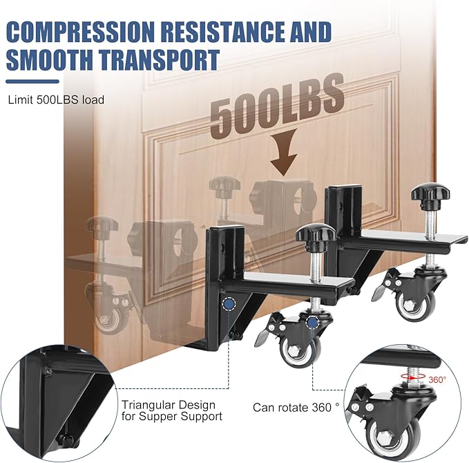 Industrial Black Alloy Steel Door Installation Tool, 4-Caster Wheels, 500 Pound Load Capacity, Adjusts 1.2" to 2.1" Thick Doors
