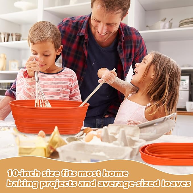 Nuogo 4 Pack Oval Bread Proofing Basket Silicone 10 Inch Collapsible Sourdough Bread Baking Supplies Dough Proofing Bowl with 4 Pcs Dough Scraper and 4 Pcs Basket Covers(Orange)
