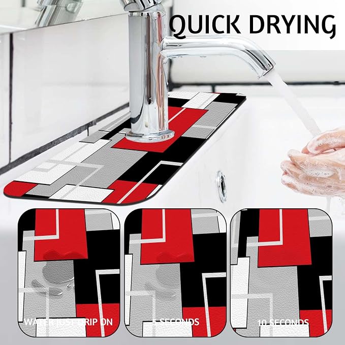 MCALK Geometric Red Kitchen Sink Faucet Mat Splash Guard, Absorbent Quick-Dry - Image 2