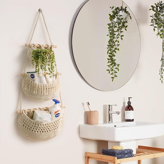 3 Tier Hanging Fruit Baskets for Kitchen, Handmade Cotton Organizer - Image 4