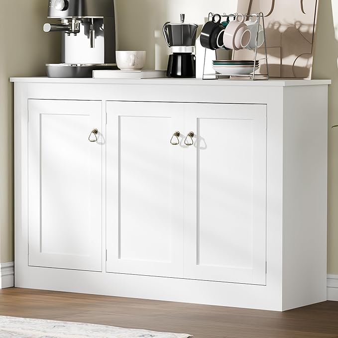 Cozy Castle Buffet Cabinet with Storage - Kitchen Storage Cabinet Wood Console Table Coffee Bar Accent Cabinets for Living Room Dining Room Entryway White 44.5" W