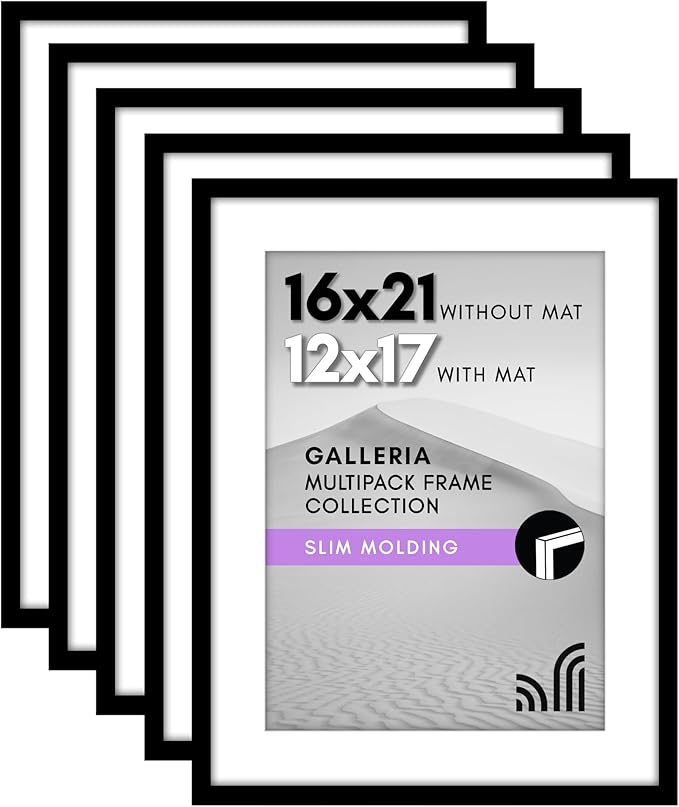 Americanflat 16x21 Picture Frame with Polished Plexiglass - Set of 5 - Use as 12x17 Frame with Mat or Display 16x21 Photo Without Mat - Galleria Collection - Picture Frames for Wall Display - Black
