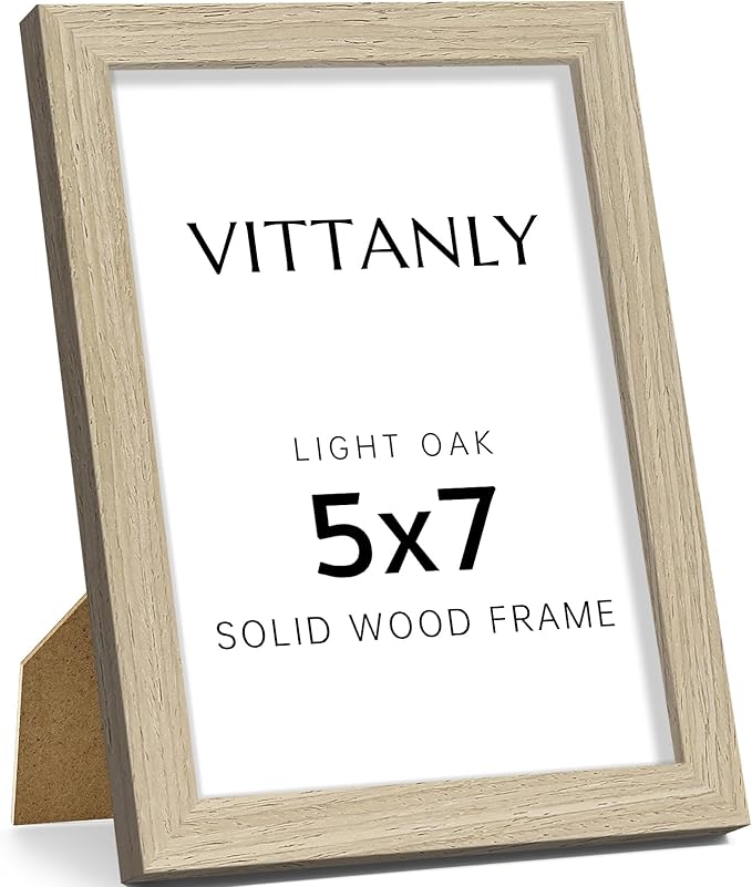 Vittanly 5x7 Picture Frame, Solid Wood Frame with Plexiglass, Includes 4x6 Mat, Wall Hanging or Tabletop for Home Decor, Light OAK, 1 Pack