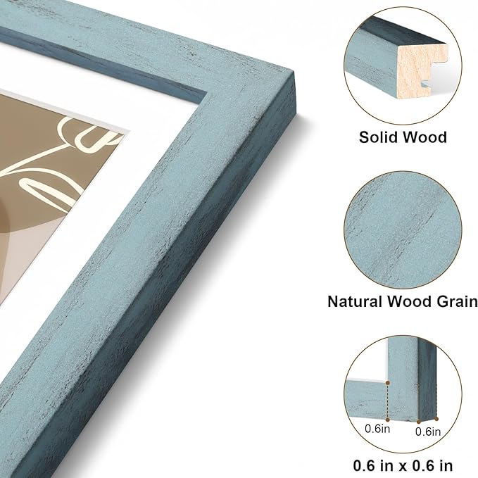 Vittanly 11x14 Picture Frame, Solid Wood Frame with Plexiglass, Includes 8x10 Mat, Wall Hanging for Photos, Home Decor, Rustic Blue, 1 Pack