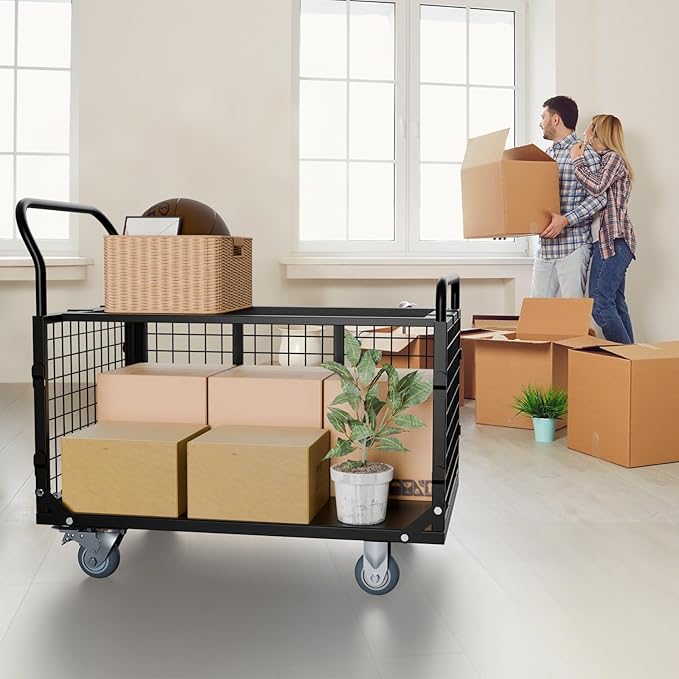 Platform Truck Cart with Cage, 5 in 1 Foldable Heavy Duty Platform Cart, 2500 LBS Capacity Heavy Duty PushCart with 4 Casters for Grocery, Laundry, Warehouse, Pantry, Garden
