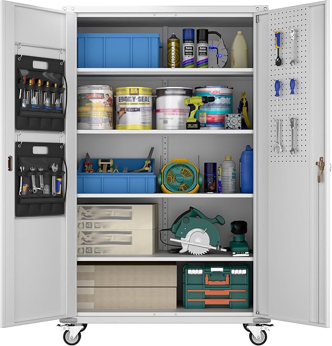 Aobabo Upgraded Wide & Deep Garage Storage Cabinet with Wheels, Metal Storage Cabinet with Door Pegboards and 2 Rod for Garage Home Storage (White, 43.3''W x 21.9''D x 72''H),Required Assembly