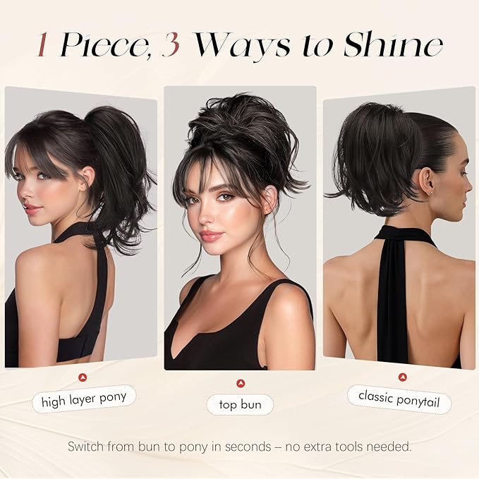 SOFEIYAN Claw Clip Short Ponytail Extension DIY Bendable Wires Hair Bun Fluffy Fake Hair Piece Straight Synthetic Hair Ponytail Extensions for Wonen - Light Brown Mix Blonde