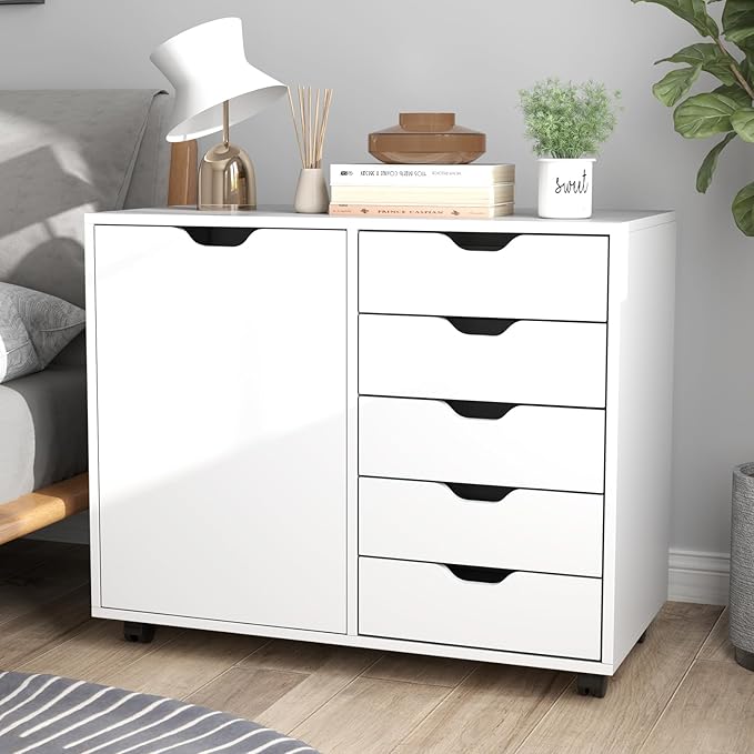 File Cabinet, White Filing Cabinet w/Universal Wheels, Printer Stand w/Door & Storage Drawers, Rolling File Cart for Home Office, Living Dining Room, Bedroom (White, 5 Drawers & 1 Door)